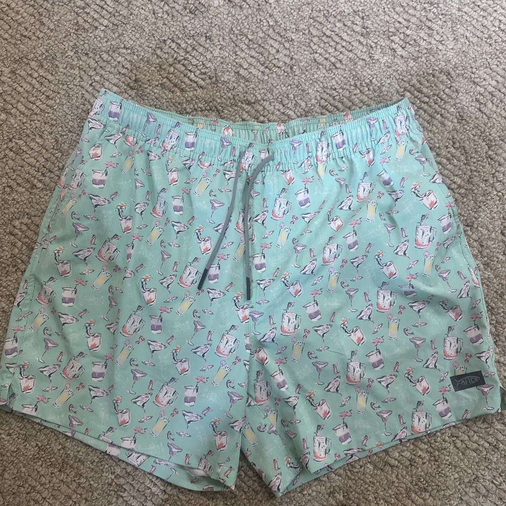 AFTCO Swim Shorts Mens Large Blue Tropical Drink Print Beach Lined NWOT